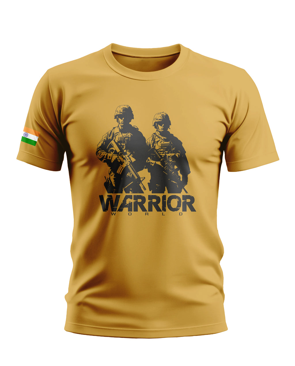 Yellow men's t-shirt with black soldier graphic, 'Warrior World' text, and Indian flag sleeve detail.