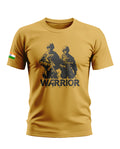 Yellow men's t-shirt with black soldier graphic, 'Warrior World' text, and Indian flag sleeve detail.