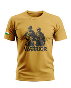 Yellow men's t-shirt with black soldier graphic, 'Warrior World' text, and Indian flag sleeve detail.