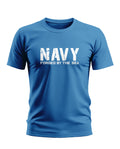Men's blue t-shirt with white 'NAVY FORGED BY THE SEA' print, short sleeves, crew neck