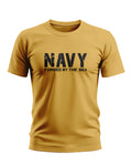 Yellow men's t-shirt with 'NAVY Forged By The Sea' military text printed in black on chest