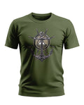 Olive green men's t-shirt with anchor and ship wheel graphic, nautical theme
