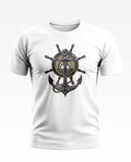 White men's t-shirt with navy ship anchor and ship wheel graphic on front