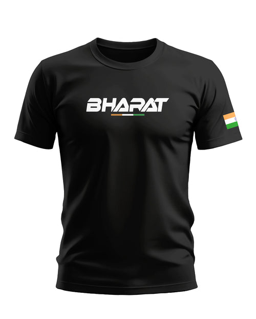 Black men's t-shirt with 'BHARAT' text and Indian flag patch on sleeve, army-inspired style