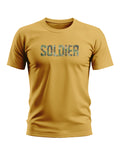 Yellow men's t-shirt with 'SOLDIER' camo print, round neck, short sleeves
