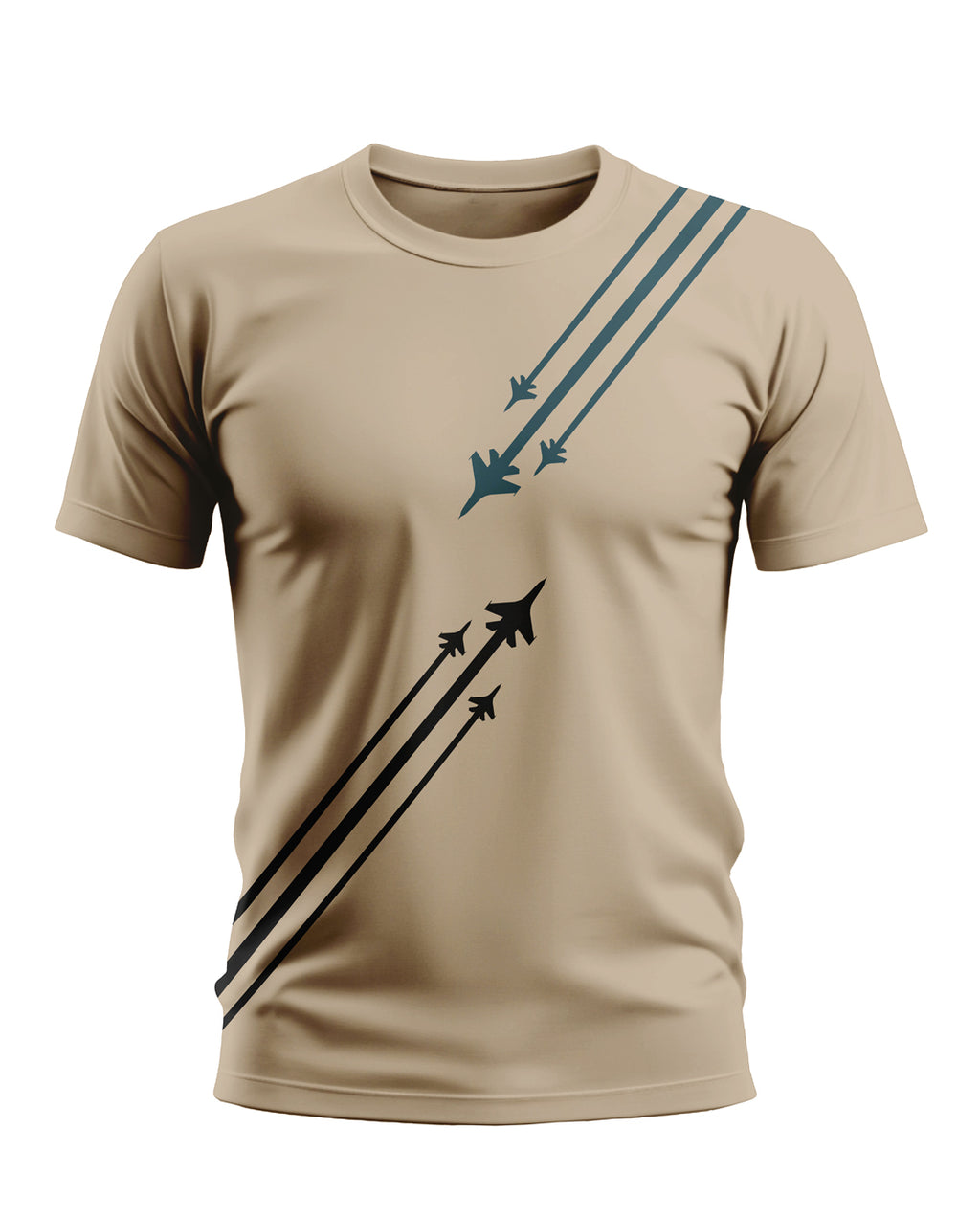 Beige men's t-shirt with fighter jet graphic and diagonal stripes, military fashion style