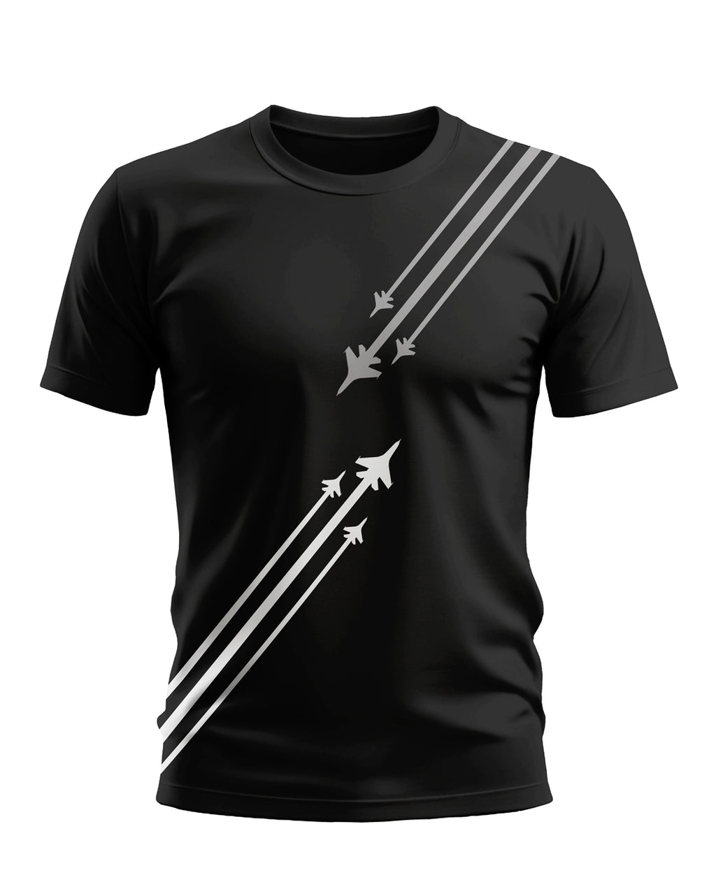 Black men's t-shirt with white fighter jet graphic and diagonal lines, military-inspired design