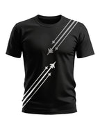 Black men's t-shirt with white fighter jet graphic and diagonal lines, military-inspired design