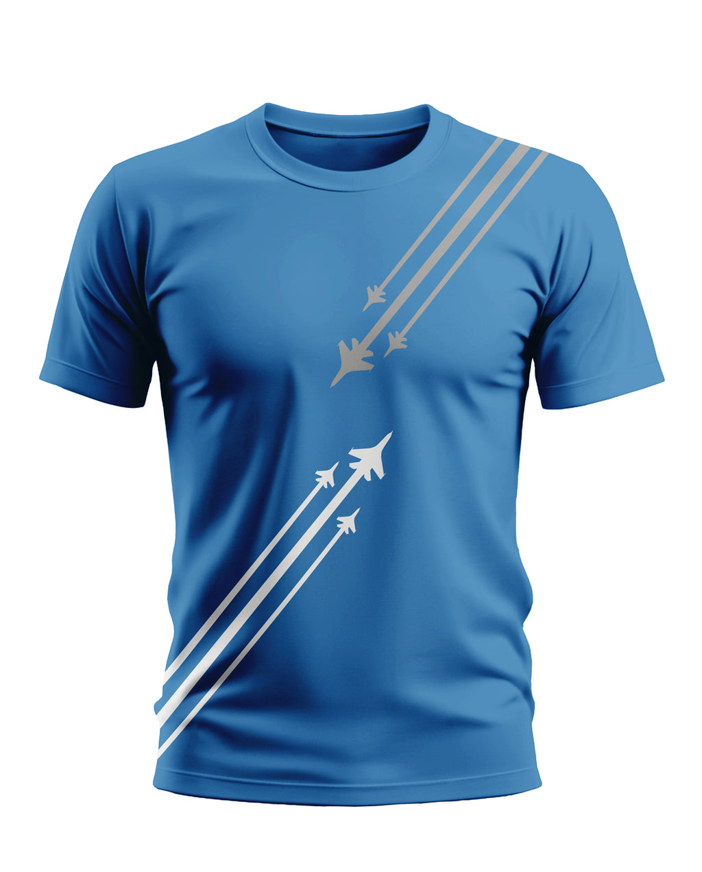 Blue men's t-shirt with white fighter jet graphics and diagonal stripes, military-inspired design