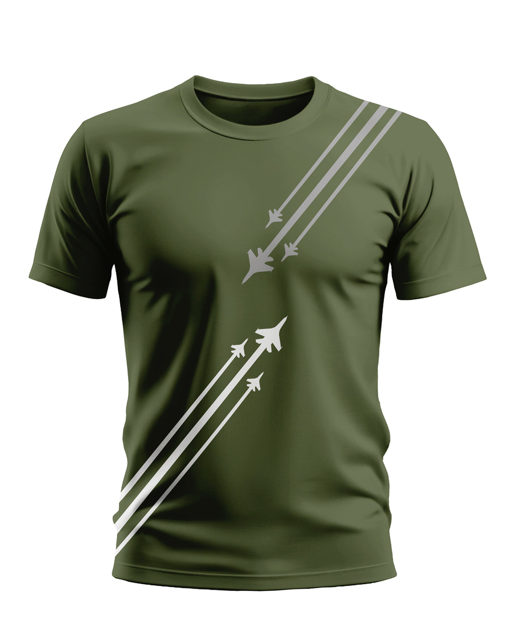 Olive green men's t-shirt with fighter jet graphic and white diagonal stripes