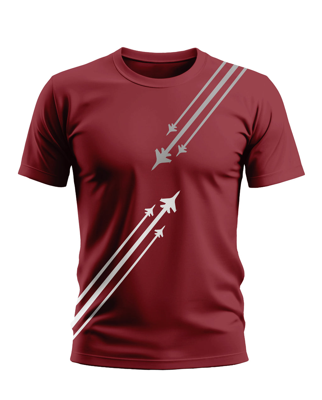 Maroon men's t-shirt with fighter jet graphic and white diagonal stripes, military-inspired design