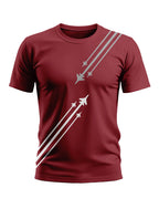 Maroon men's t-shirt with fighter jet graphic and white diagonal stripes, military-inspired design