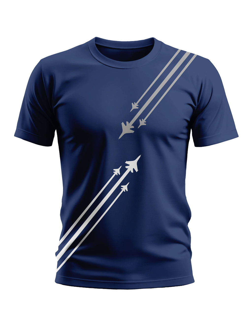 Navy blue men's t-shirt with fighter jet graphic and white diagonal stripes