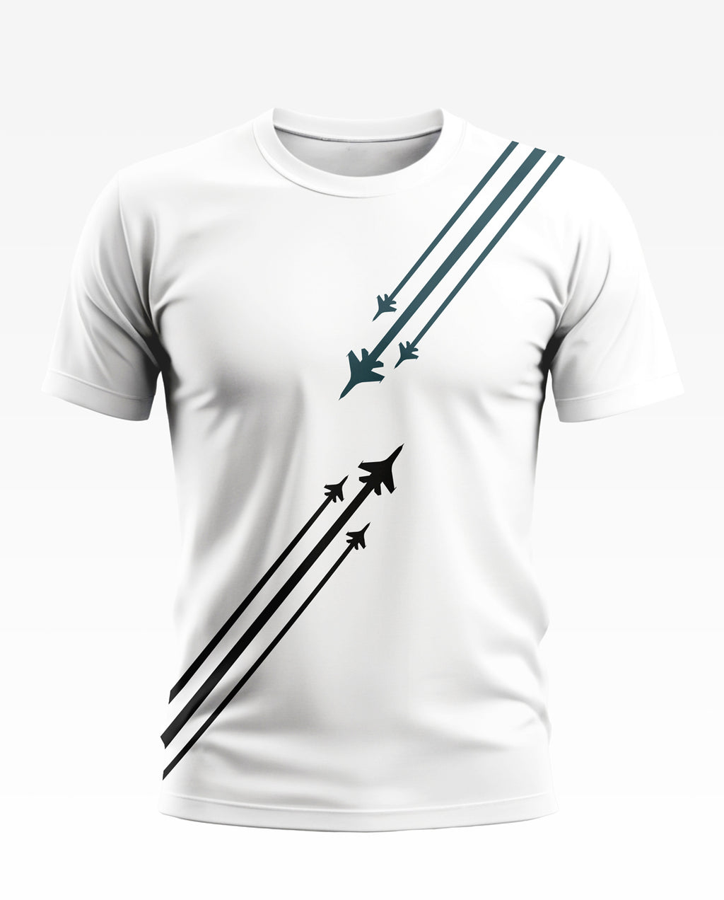White men's t-shirt with fighter jet graphic and angled stripes, military inspired design