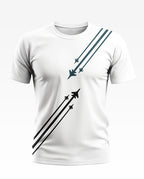 White men's t-shirt with fighter jet graphic and angled stripes, military inspired design