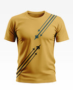 Yellow men's T-shirt with black fighter jet graphic and diagonal stripes design