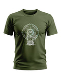 Olive green men's t-shirt with compass and sailboat graphic, marine cruise theme.