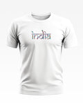 White men's t-shirt with colorful 'india' graphic on front, short sleeves, crew neck