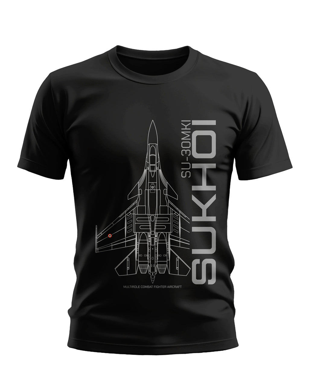 Black men's t-shirt with white Sukhoi SU-30MKI fighter jet graphic and text design