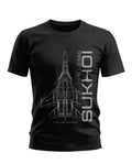 Black men's t-shirt with white Sukhoi SU-30MKI fighter jet graphic and text design