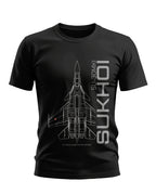 Black men's t-shirt with white Sukhoi SU-30MKI fighter jet graphic and text design