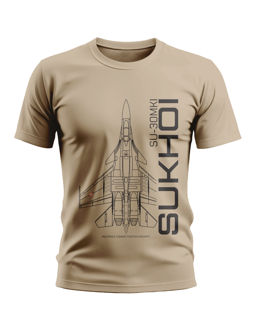 Beige men's t-shirt with SU-30MKI Sukhoi fighter jet graphic and aviation-themed print