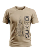 Beige men's t-shirt with SU-30MKI Sukhoi fighter jet graphic and aviation-themed print