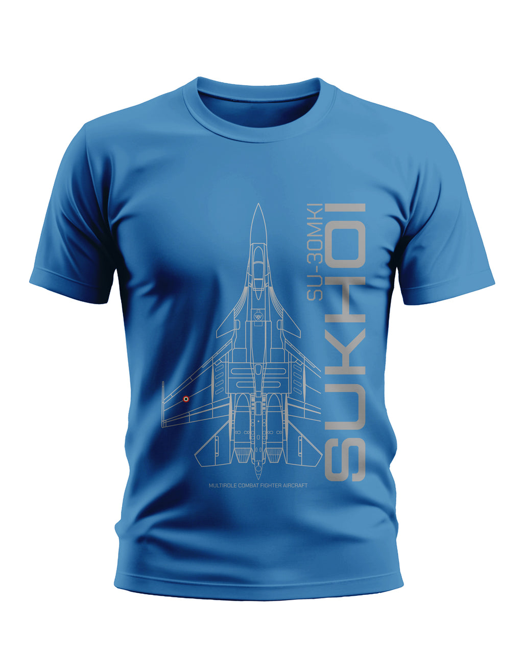 Blue men's t-shirt with SU-30MKI fighter jet graphic and SukhOI text, aviation themed fashion
