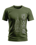 Olive green men's t-shirt with SU-30MKI fighter jet graphic and bold Sukhoi text
