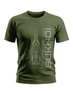 Olive green men's t-shirt with SU-30MKI fighter jet graphic and bold Sukhoi text