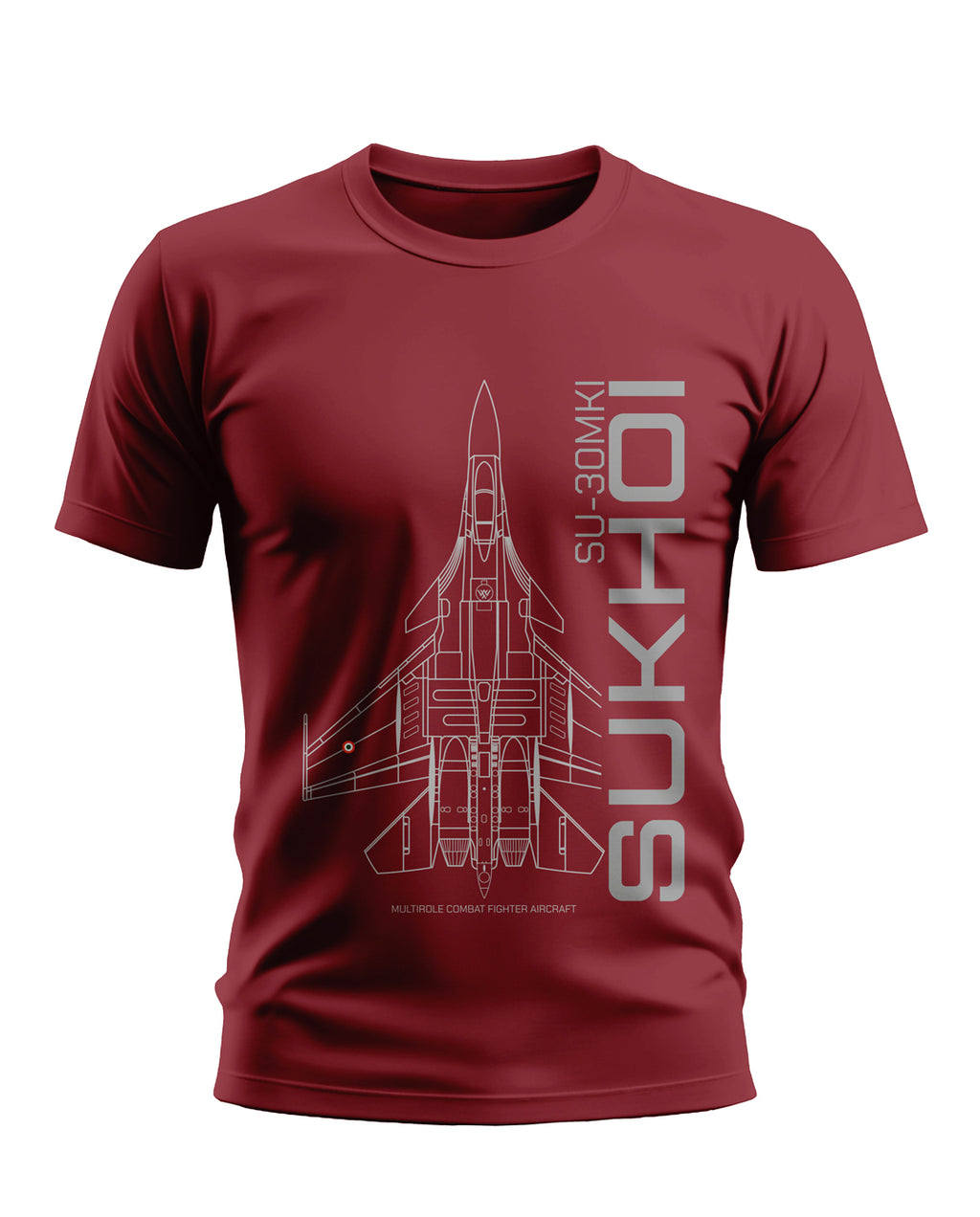 Maroon men's t-shirt with SU-30 MKI fighter jet graphic and Sukhoi text print.