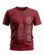 Maroon men's t-shirt with SU-30 MKI fighter jet graphic and Sukhoi text print.