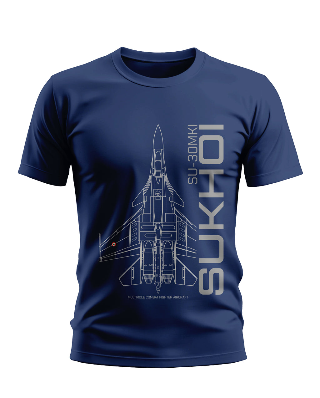 Navy blue men's t-shirt with SU-30MKI fighter jet blueprint and military graphic print