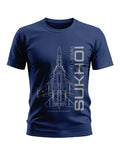 Navy blue men's t-shirt with SU-30MKI fighter jet blueprint and military graphic print