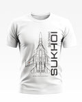 White men's t-shirt featuring SU-30MKI fighter jet line art and vertical Sukhoi text