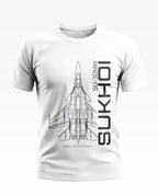 White men's t-shirt featuring SU-30MKI fighter jet line art and vertical Sukhoi text