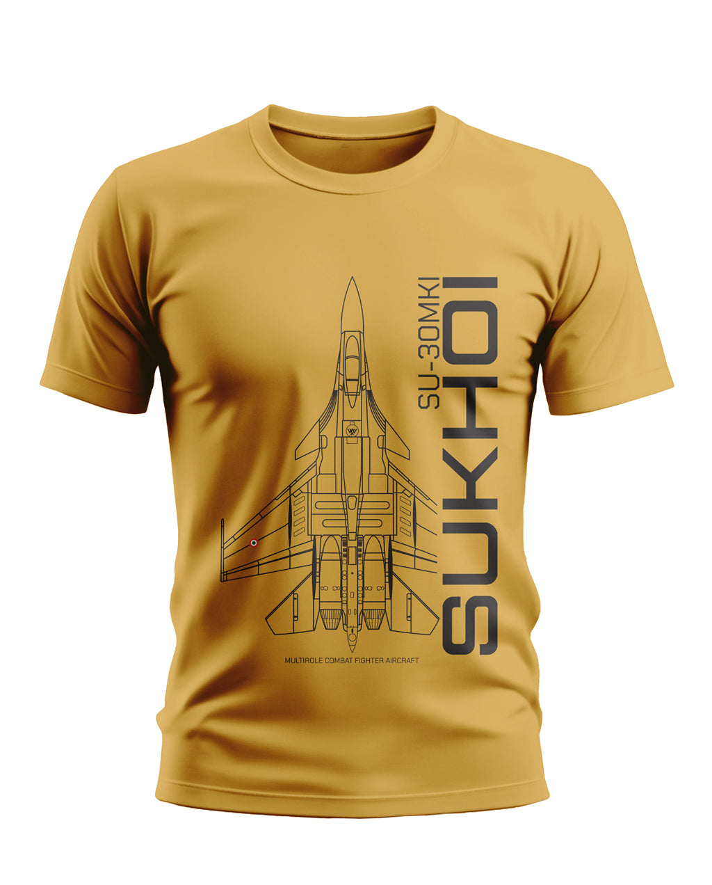 Yellow men's t-shirt featuring SU-30MKI Sukhoi fighter jet graphic and text print
