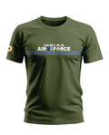 Olive green men's t-shirt with Indian Air Force text, blue stripes, and roundel on sleeve