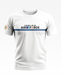 White men's t-shirt with 'Indian Air Force' text and blue stripes, Indian flag roundel on sleeve