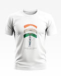 White men's t-shirt with Indian Air Force Akash Ganga skydivers and tricolor parachute graphic