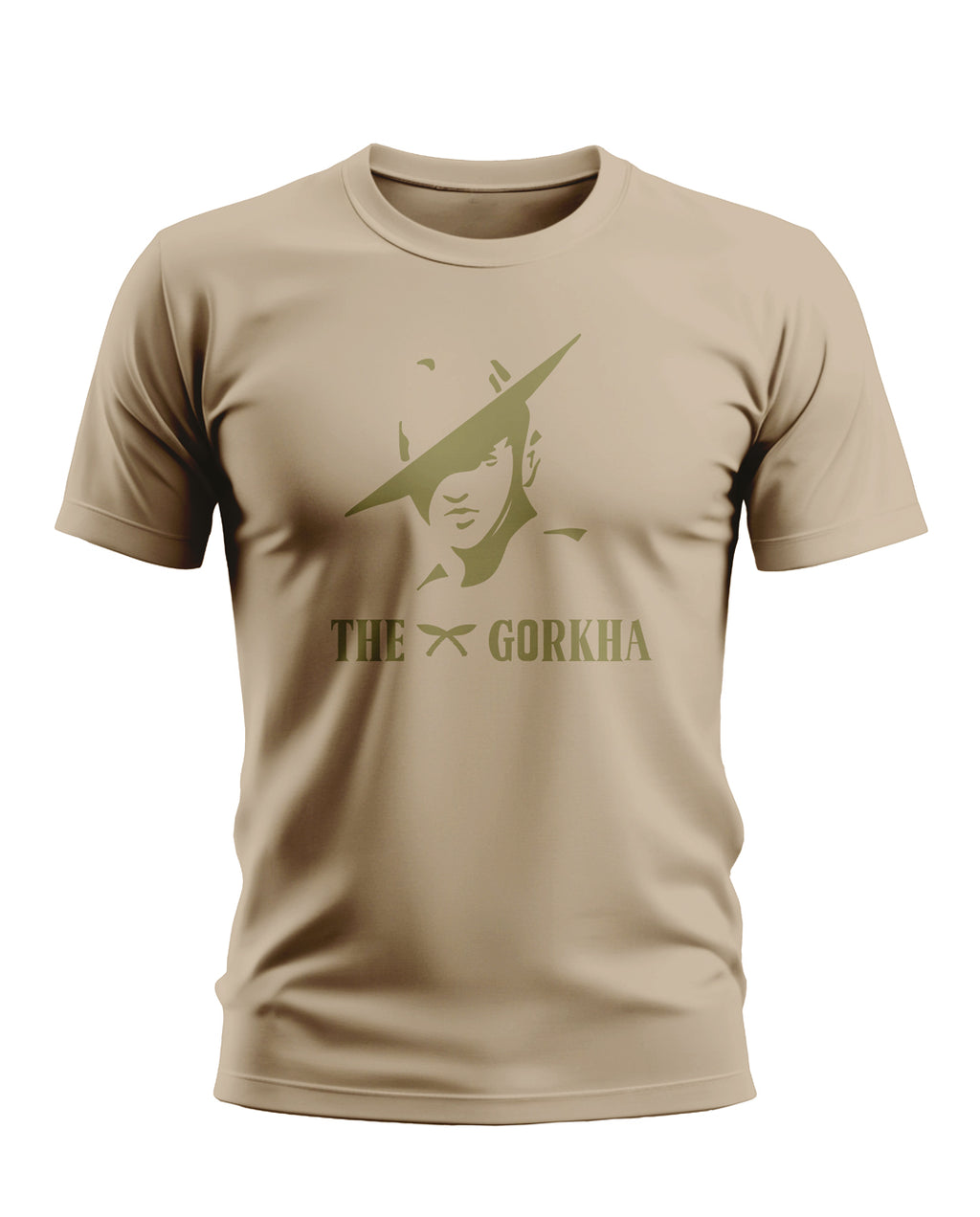 Beige men's t-shirt with 'THE GORKHA' and a soldier graphic, army inspired design