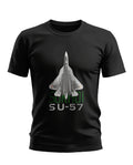 Black men's t-shirt featuring Sukhoi SU-57 fighter jet graphic and text on front