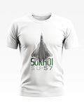 White men's t-shirt with Sukhoi SU-57 fighter jet graphic and text on front