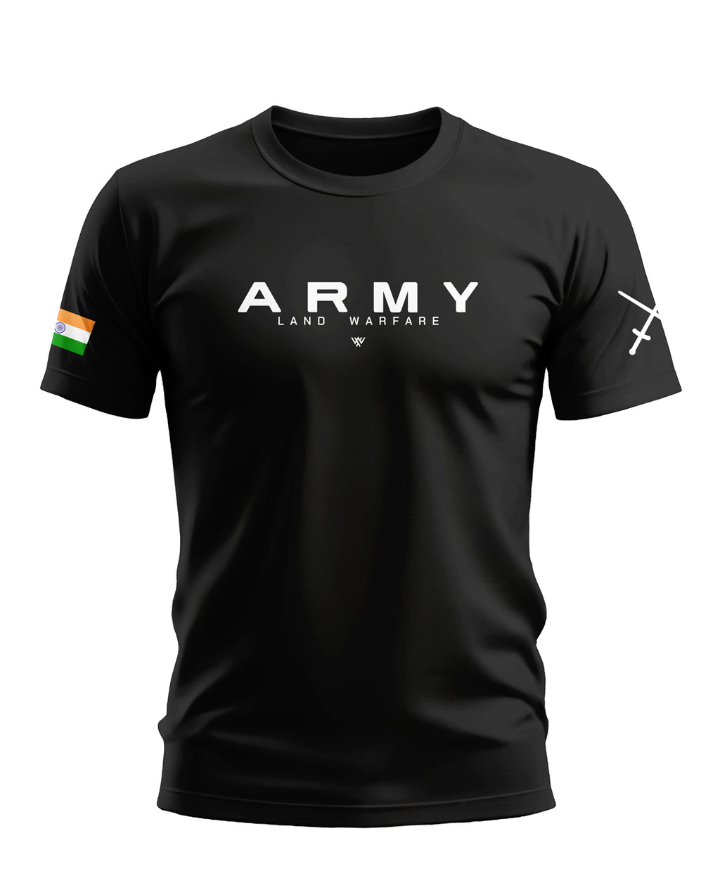 Black men's t-shirt with ARMY land warfare text, Indian flag, and white sword graphic on sleeves