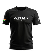 Black men's t-shirt with ARMY land warfare text, Indian flag, and white sword graphic on sleeves