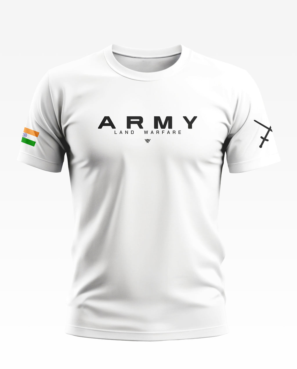 White men's t-shirt with 'ARMY LAND WARFARE' text, Indian flag on sleeve, sword graphic on arm
