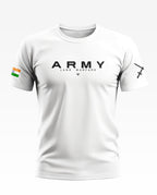 White men's t-shirt with 'ARMY LAND WARFARE' text, Indian flag on sleeve, sword graphic on arm