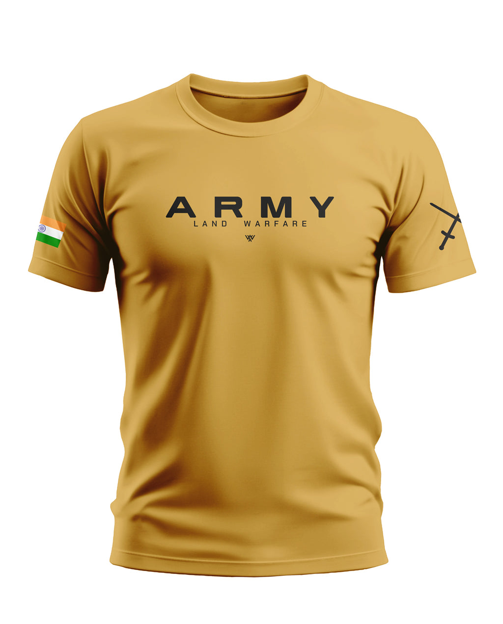Yellow men's t-shirt with 'ARMY LAND WARFARE' text, Indian flag patch, and sword graphic.