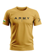 Yellow men's t-shirt with 'ARMY LAND WARFARE' text, Indian flag patch, and sword graphic.