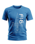 Blue men's t-shirt with F16 jet blueprint and General Dynamics Fighting Falcon graphic